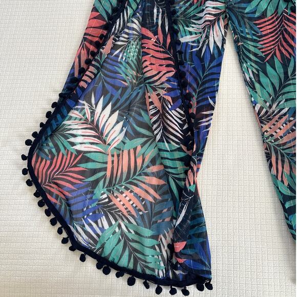 Tropical Leaf Print Boho Beach Lightweight Flowy Pants with Pom-Pom Trim Size S - Picture 9 of 11